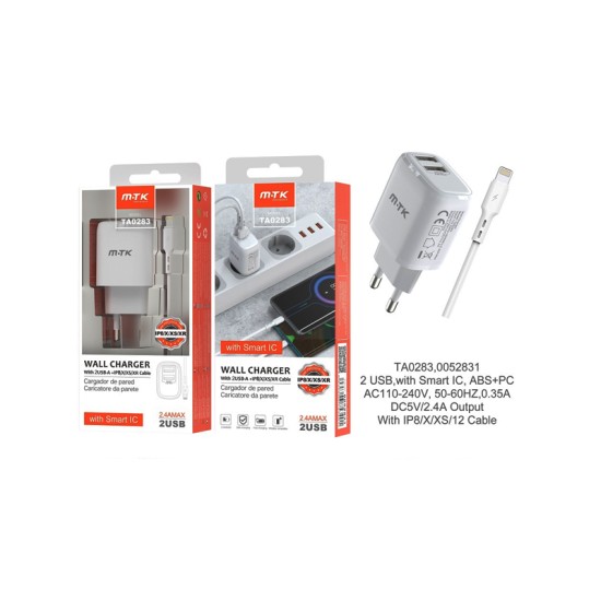 CARREGADOR ADAPTADOR RÁPIDO MTK TA0283 BL COM CABO IP 5-12 E CHIP DE RECONHECIMENTO INTELIGENTE 2 PORTAS USB 2.4A MÁX. BRANCO CARREGADOR ADAPTADOR RÁPIDO MTK TA0283 BL COM CABO IP 5-12 E CHIP DE RECONHECIMENTO INTELIGENTE 2 PORTAS USB 2.4A MÁX. BRANCO